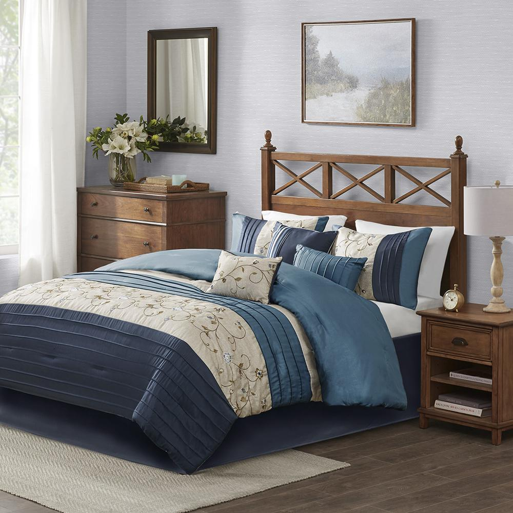 Serene Embroidered 7-piece navy comforter set by Start2Finish with intricate embroidery and matching pillow shams.