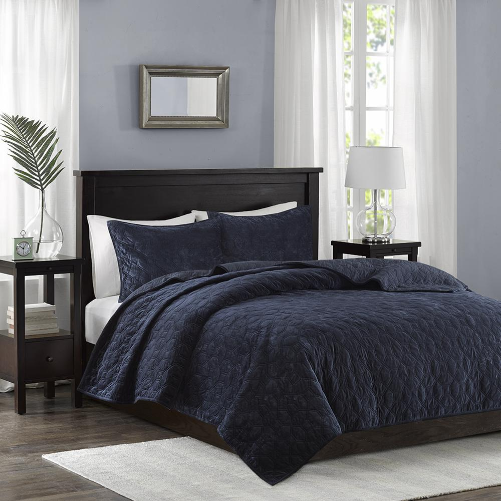 Start2Finish Harper 3-piece navy velvet quilt set with matching pillow shams, showcasing soft, luxurious bedding in navy color.