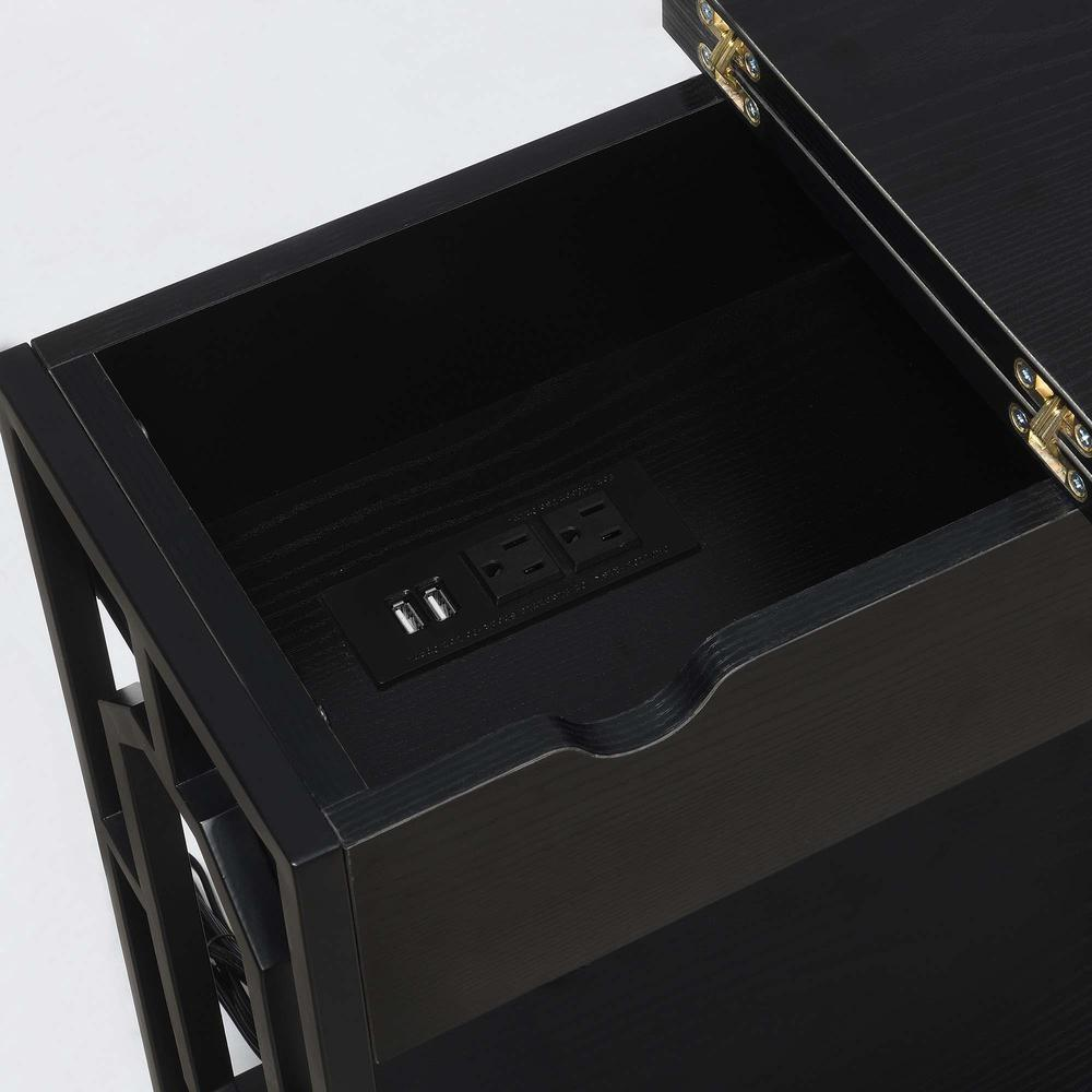 Start2Finish Omega flip top end table with built-in charging station, featuring a modern design and convenient hidden power outlets.