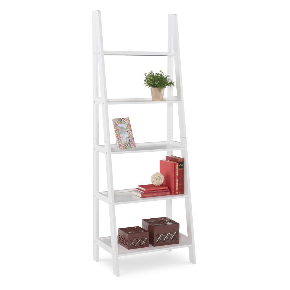 White Acadia Ladder Bookshelf by Start2Finish with multiple shelves and a sleek, modern design for home or office organization.