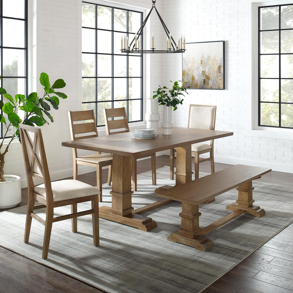 Start2Finish 6-piece dining table set with bench, ladder-back chairs, and armchairs for seven, shown in a modern dining room.