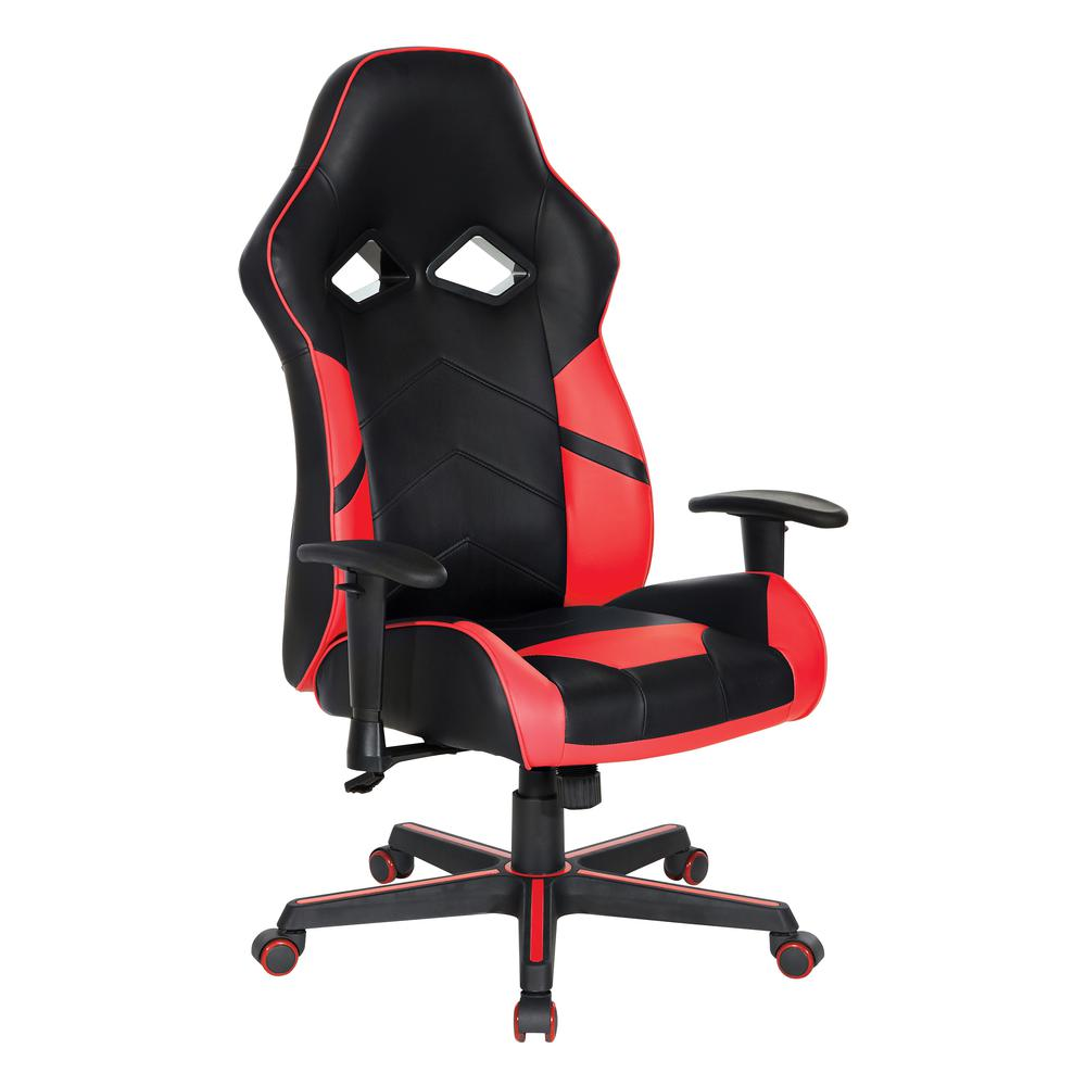 Vapor gaming chair in black faux leather with red accents, ergonomic design, and adjustable armrests for gaming comfort.