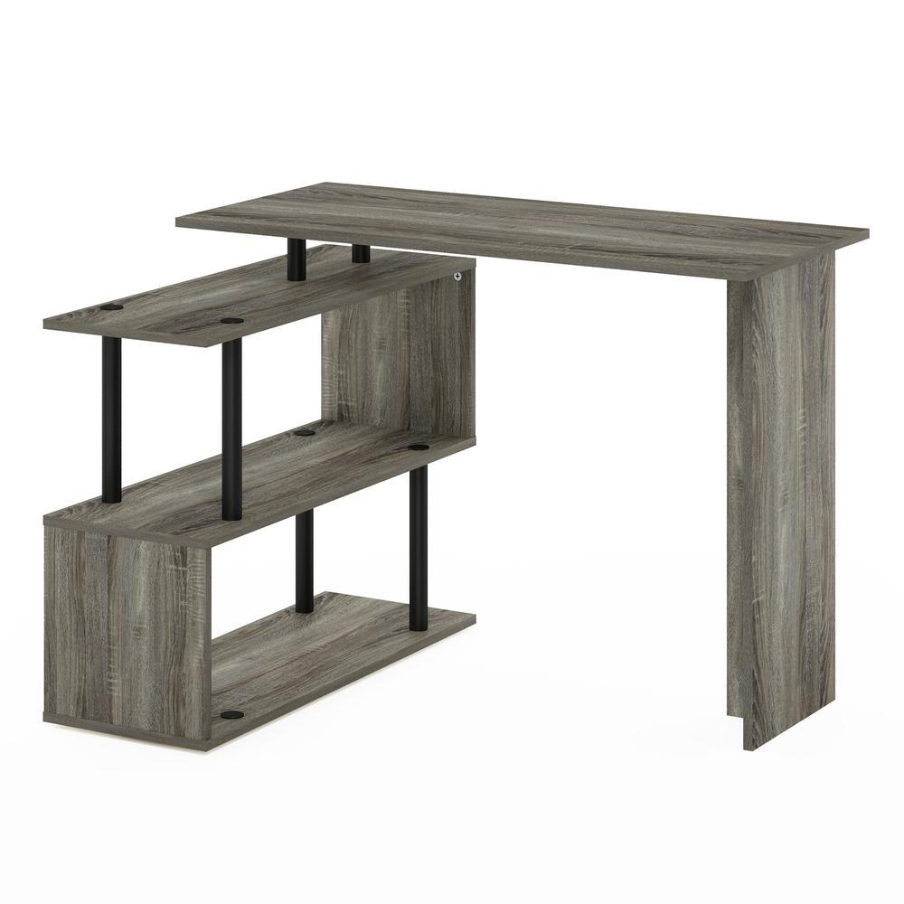 Furinno Moore L-shape computer desk by Start2Finish with three-tier shelves in French Oak and black finish, shown with workspace and shelves.