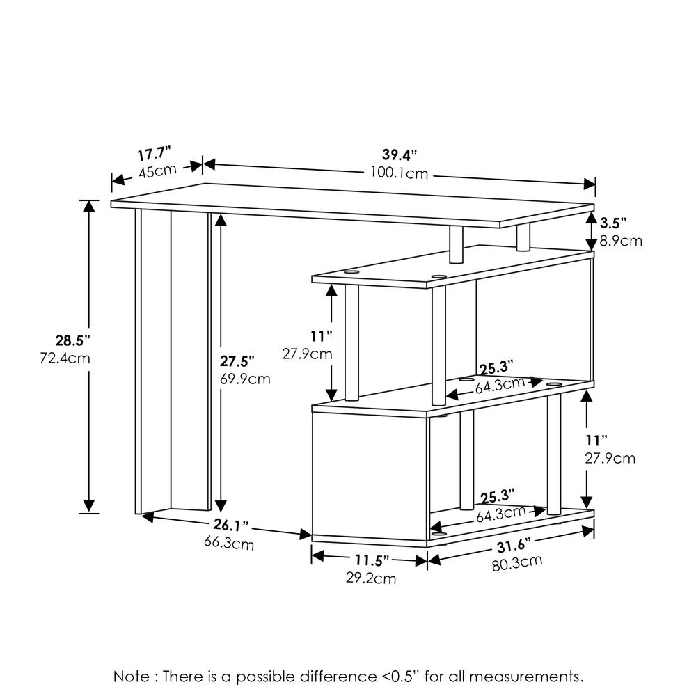 Start2Finish Furinno Moore L-shape computer desk with 3-tier shelves in French Oak and black, featuring a modern workspace design.