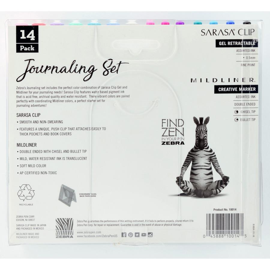 Start2Finish Zebra Journaling Set with Mildliner highlighters and Sarasa Clip gel pens in 1mm chisel tip, multi ink colors, 14-pack.