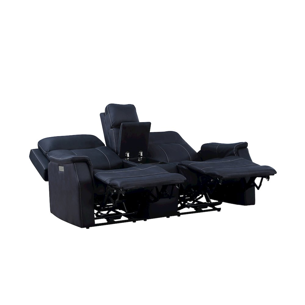 Start2Finish Valencia dual power reclining console loveseat in ocean fabric, showing plush seating and built-in center console.
