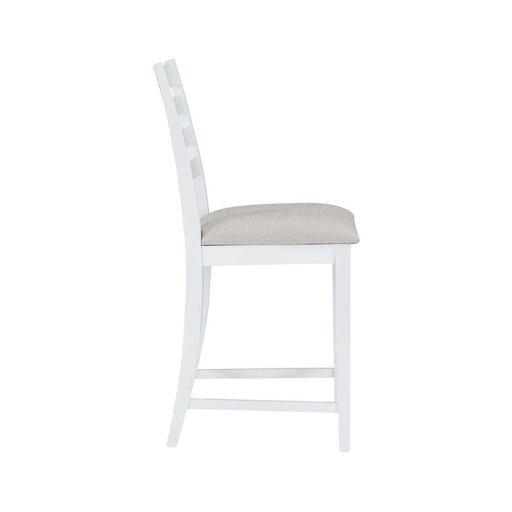Set of two Start2Finish Flynn white upholstered counter stools with padded seats and sleek legs, ideal for kitchen or bar area.