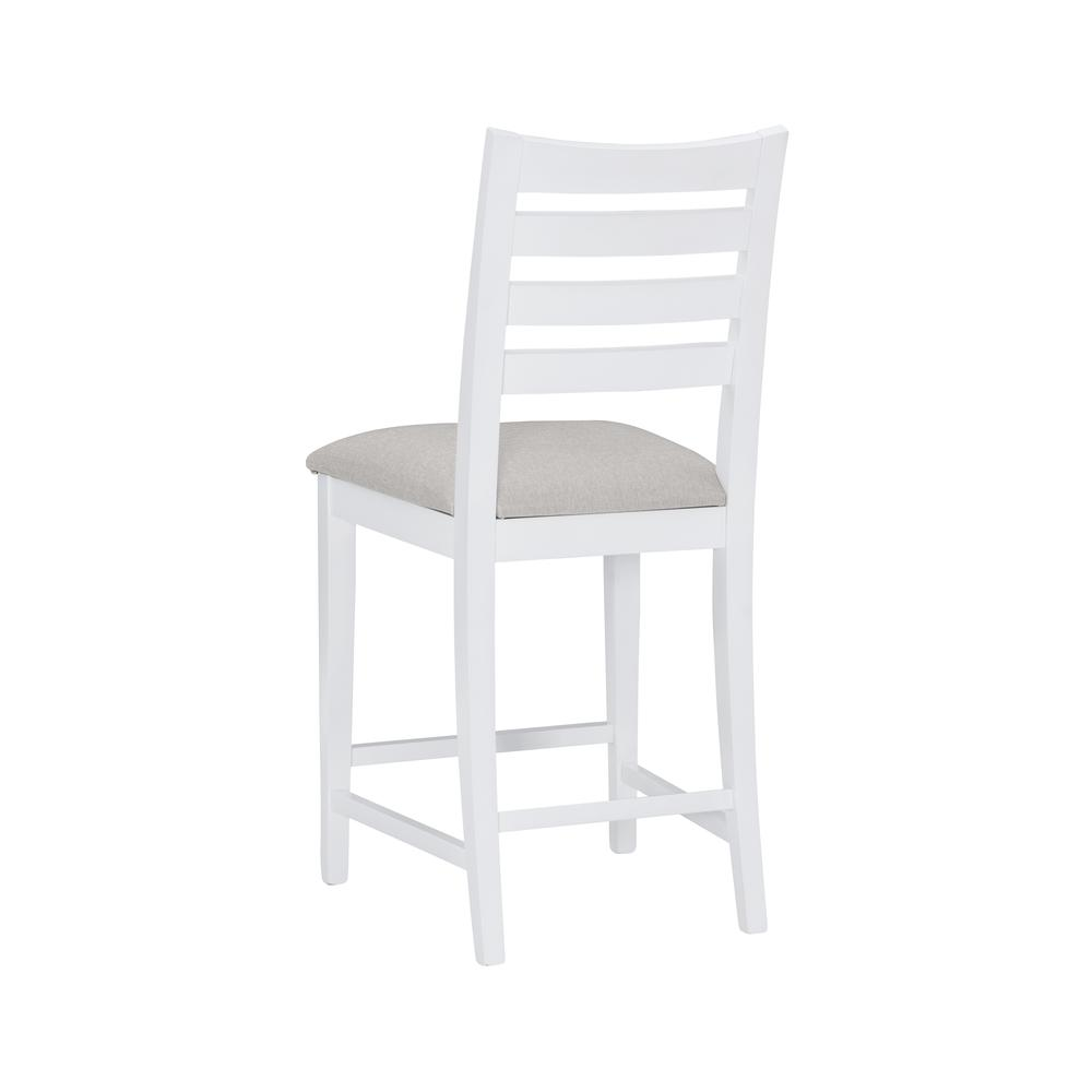 White upholstered Flynn counter stools by Start2Finish, set of 2, with sleek modern design and sturdy wooden legs.