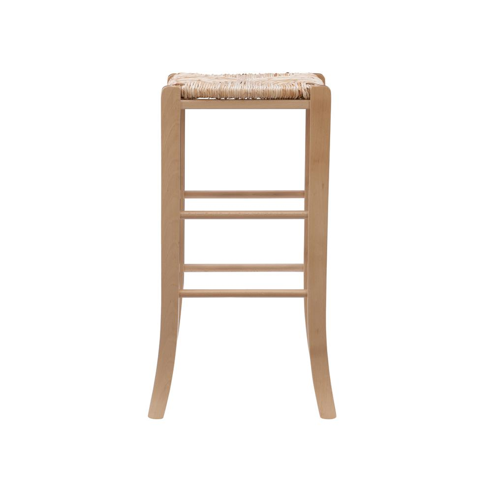 Set of two Gianna backless barstools by Start2Finish with natural wood finish, featuring sleek modern design and sturdy metal legs.