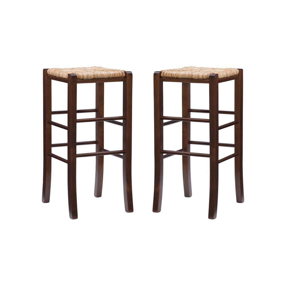 Set of two Gianna backless barstools by Start2Finish with walnut finish, showcasing sleek wooden seats and sturdy legs.