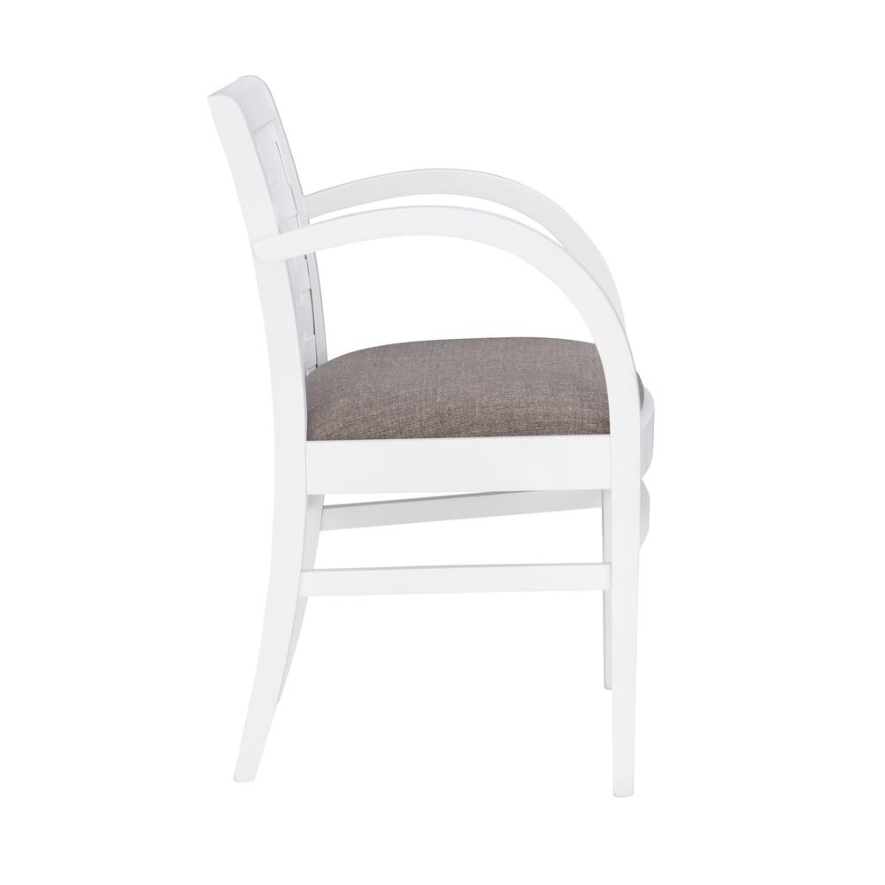 White Samantha Woven Arm Chair by Start2Finish with a cushioned seat and armrests, showcasing a stylish woven design.