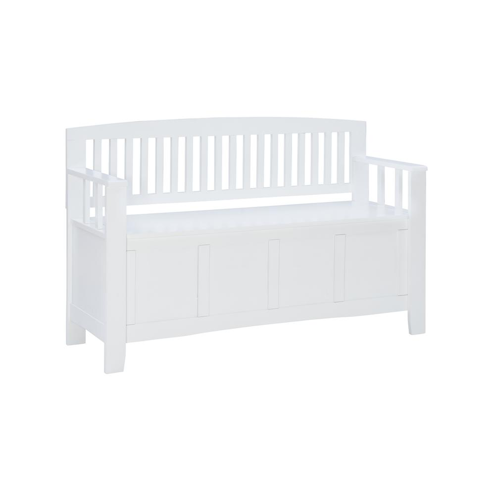 White Cynthia Storage Bench by Start2Finish featuring a padded top and built-in storage compartment for entryway organization.