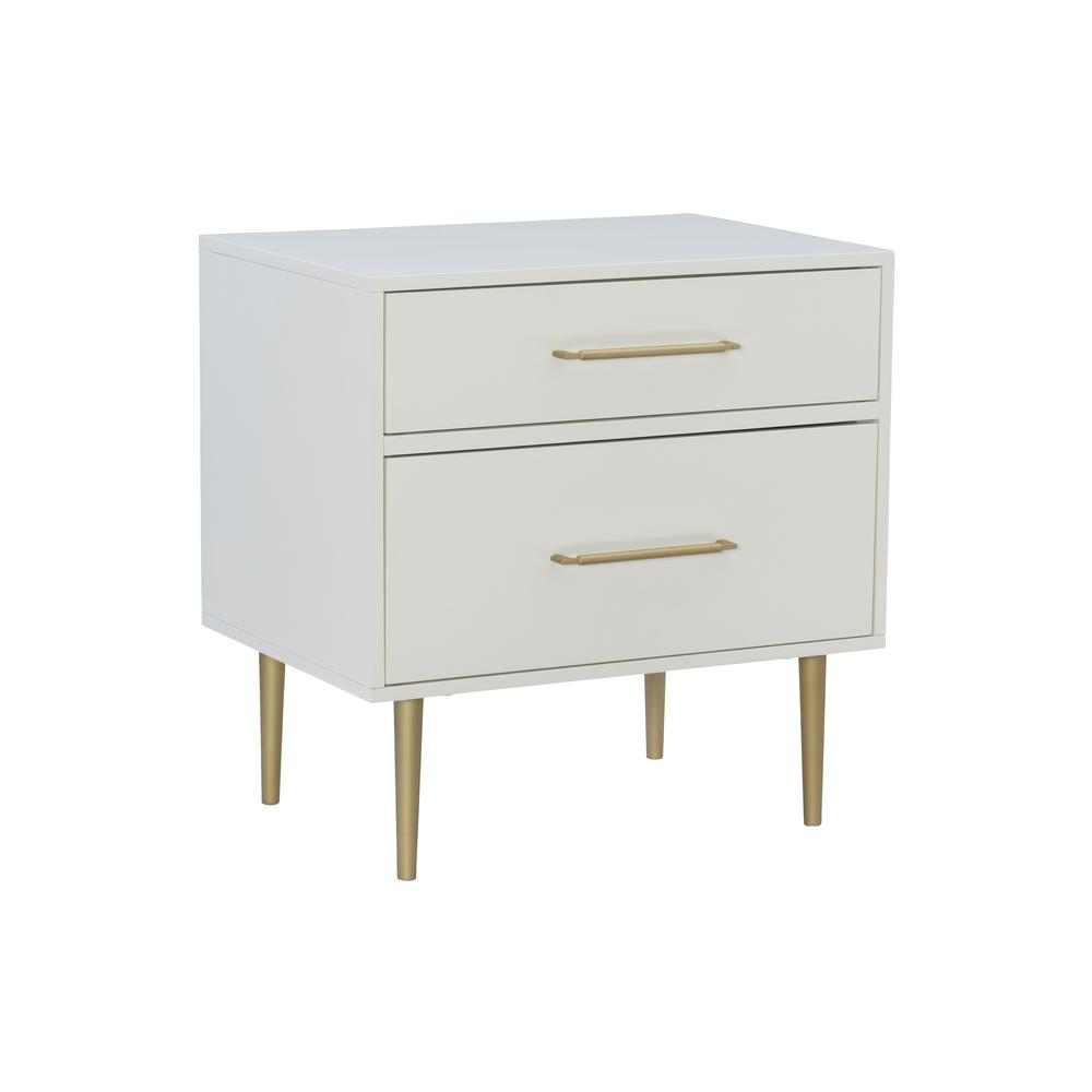 Start2Finish Gloria two-drawer nightstand with wooden finish and sleek metal handles, shown with bedside decor on top.