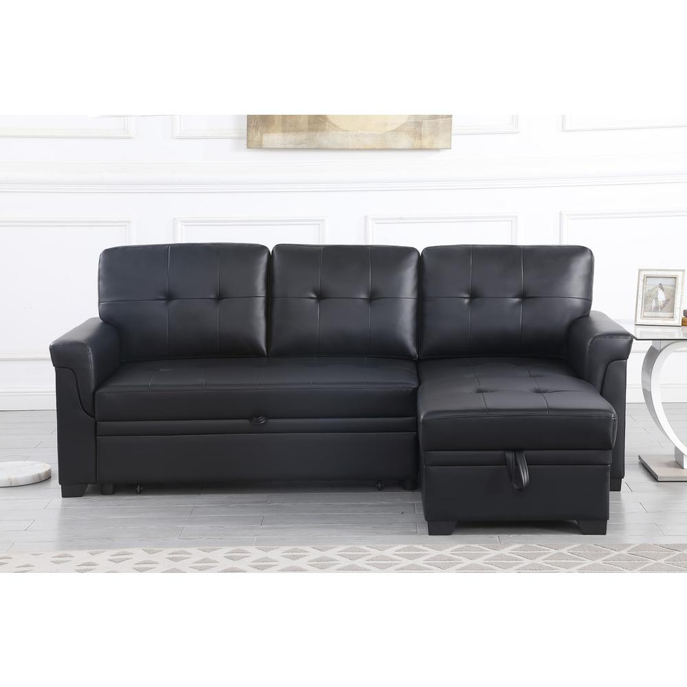 Lexi black synthetic leather reversible sleeper sectional sofa with storage chaise by Start2Finish, featuring modern design and plush seating.