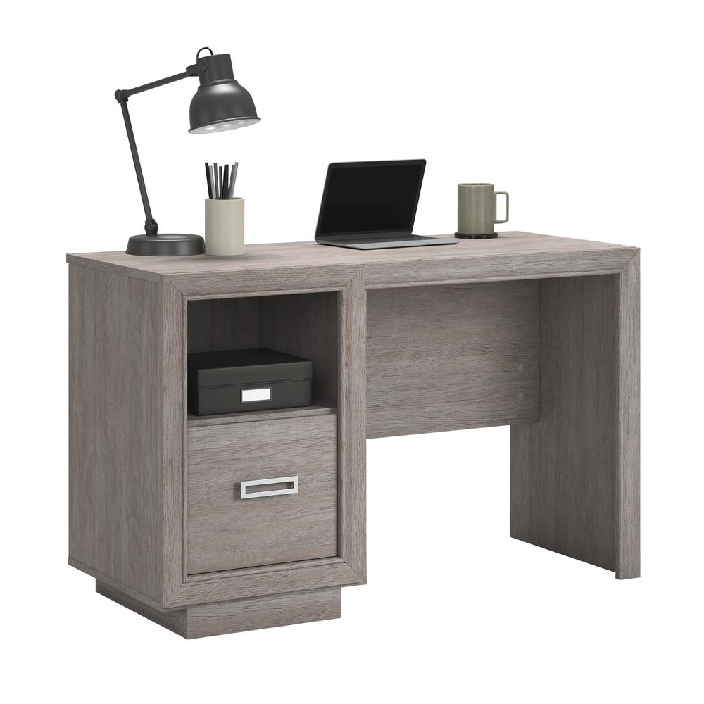 Start2Finish Hayes Garden Desk in Ashen Oak finish with a sturdy wooden tabletop and metal frame, designed for outdoor use.
