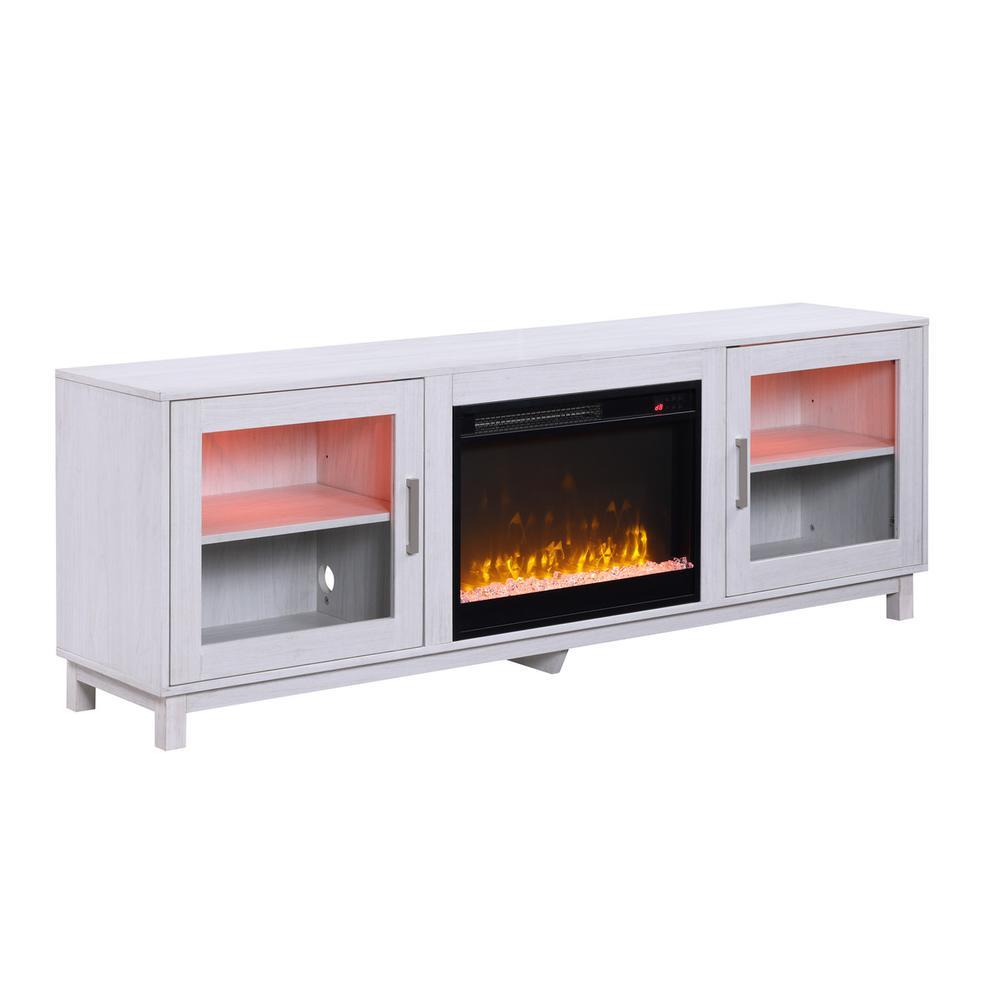 White walnut finish Summit 70-inch TV stand with fireplace, featuring storage cabinets and modern design by Start2Finish.