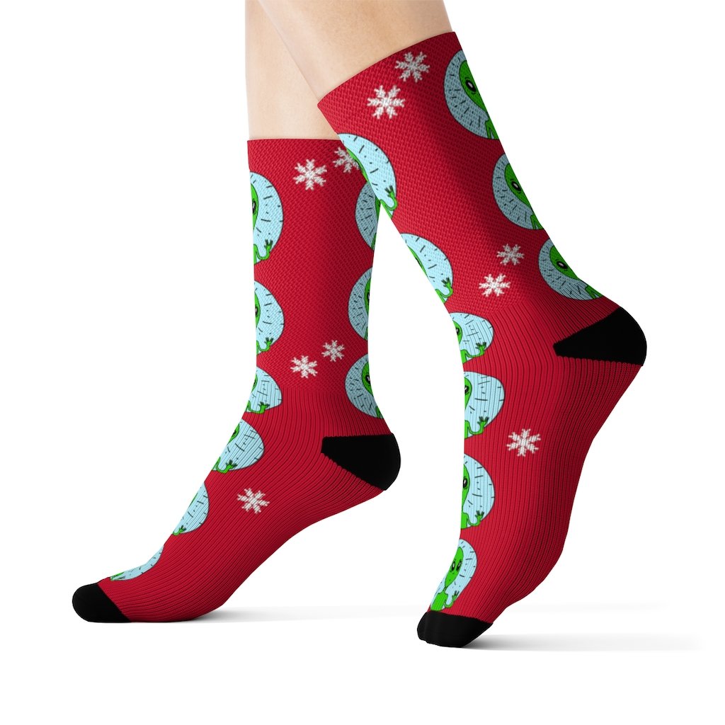 Yellow Pandora Holiday Weird Alien Socks featuring colorful alien designs on soft, cozy sock fabric.