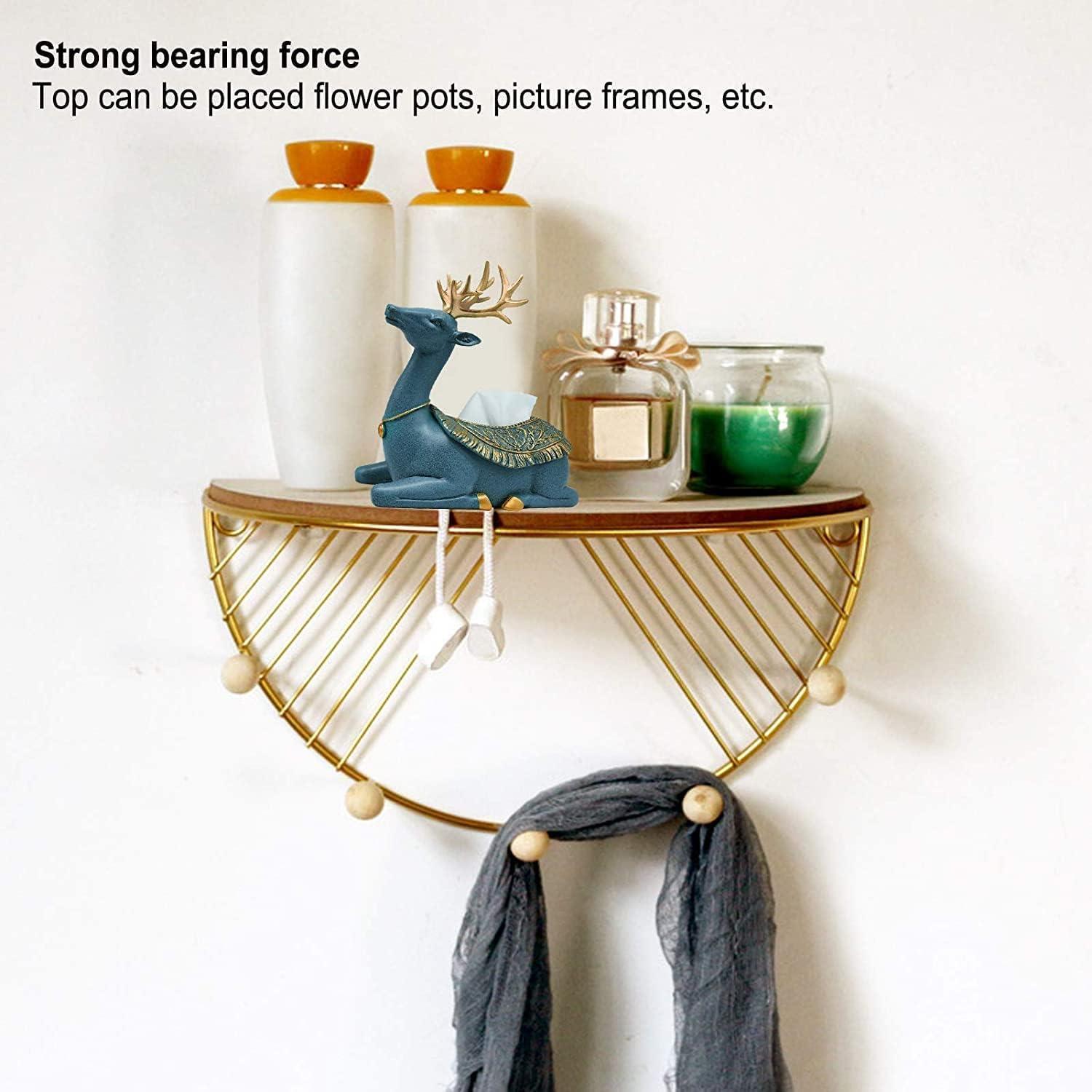 Golden D Shape Wall Mounted Hooks with Floating Shelf and Wooden Hooks