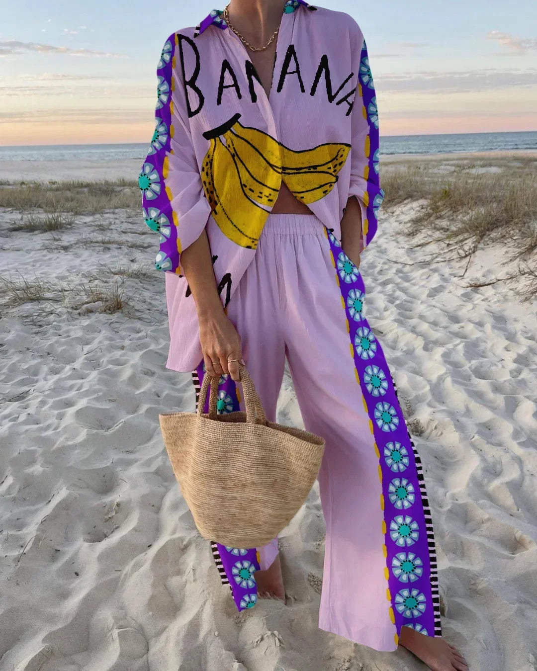 Funny Printed Loose Two Piece Set Women Tropical Beach Holiday Outfits 2024 Casual Lapel Button Shirt Wide Leg Pants Sets