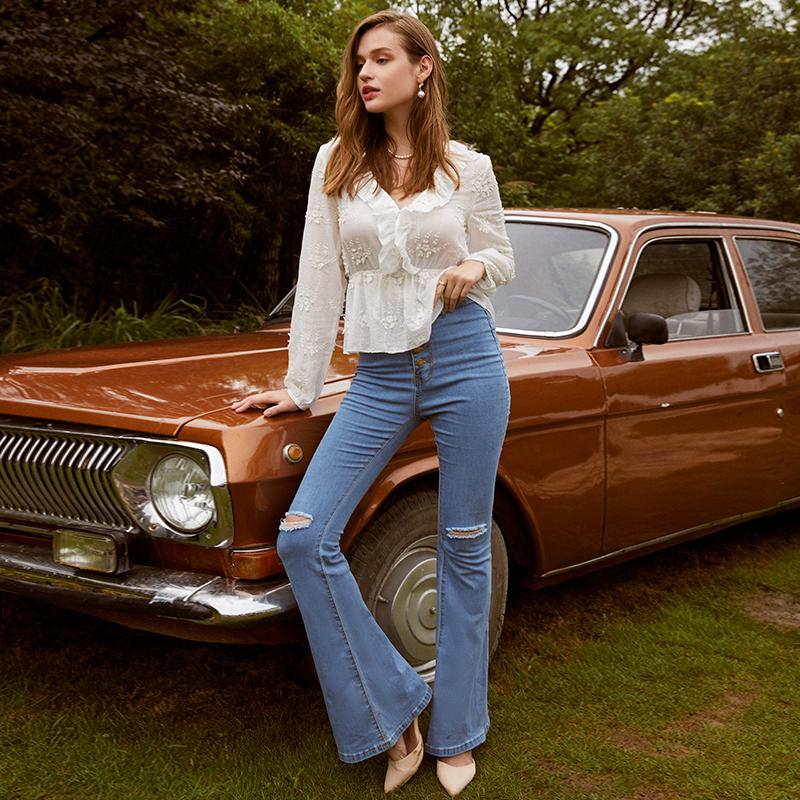 Sexy white pattern ruched women blouse V-neck long sleeves ruffle