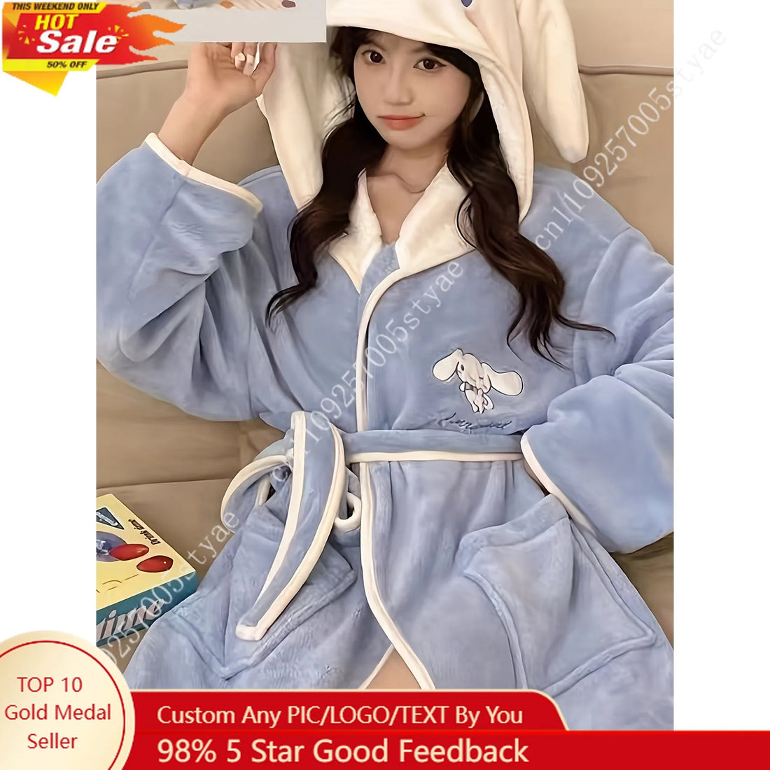 Sanrio My Melody Adorable Hooded Bathrobe with Water-absorbing and Quick-drying Features Cartoon-flannel Bathrobe for Woman