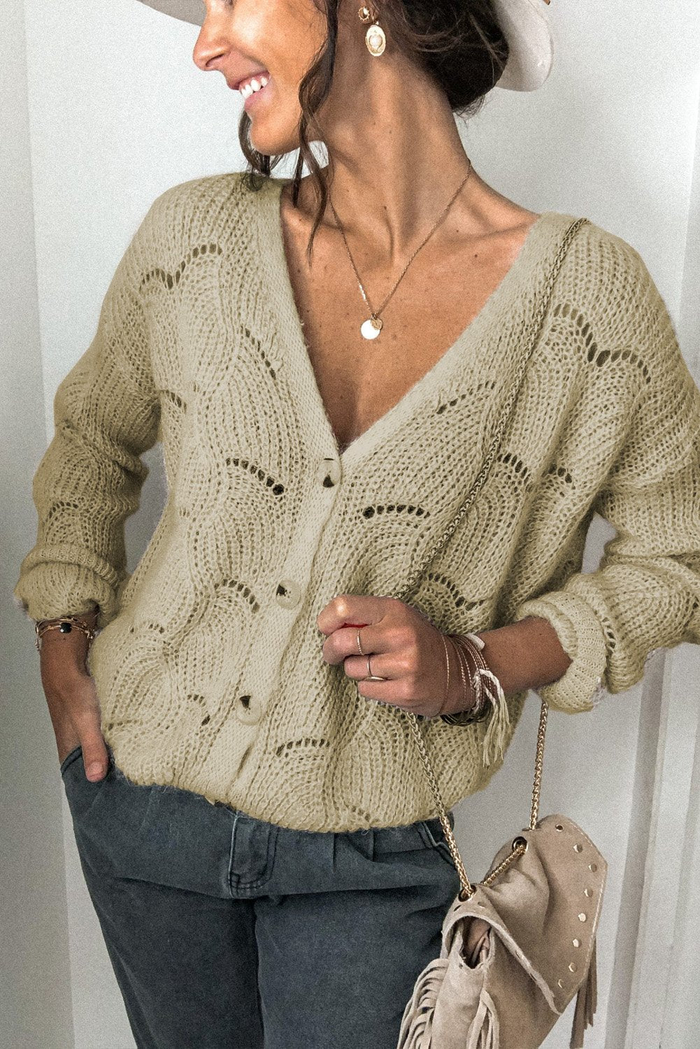 Khaki V Shaped Neckline Buttoned Knit Sweater