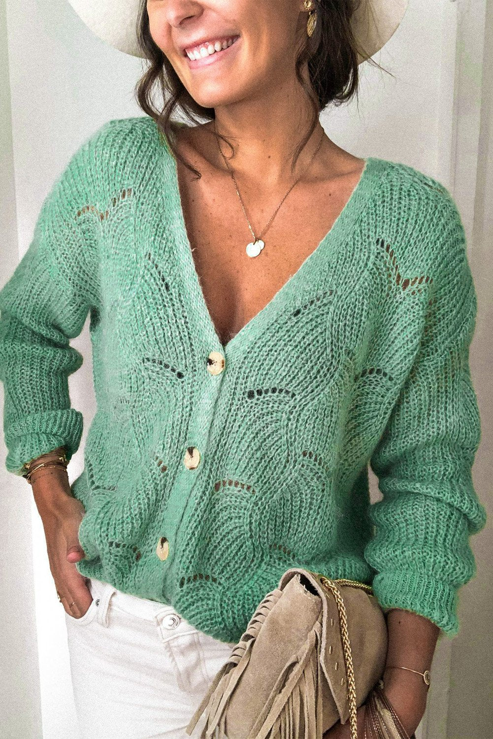 Khaki V Shaped Neckline Buttoned Knit Sweater