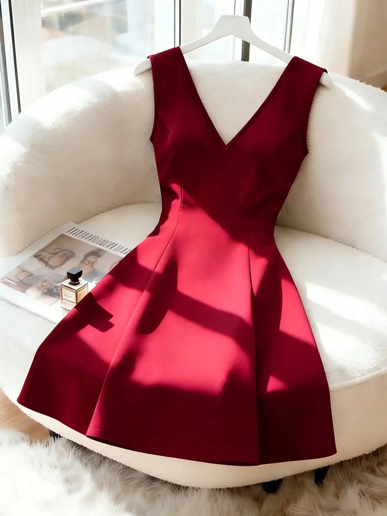 New Elegant Sexy V-Neck Backless Fitted Dress With Bowknot Waist, Burgundy Color, Luxury European Style, Suitable For In