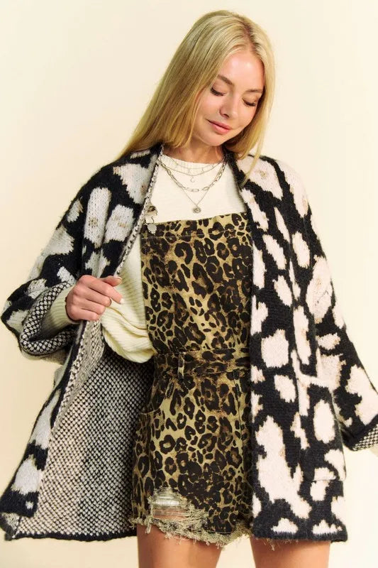 Davi & Dani leopard open front long sleeve cardigan from Pear Daisy, featuring a cozy, stylish animal print design.