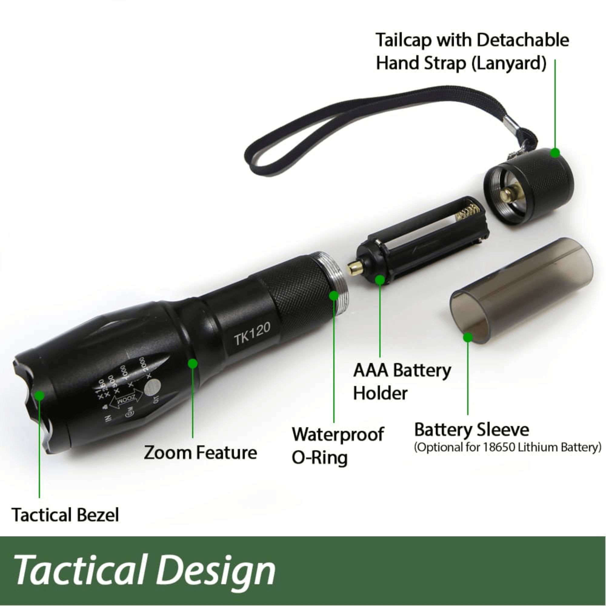 Black Lavender EcoGear FX TK120 LED tactical flashlight with strobe mode, designed for camping and outdoor use, shown with its beam.