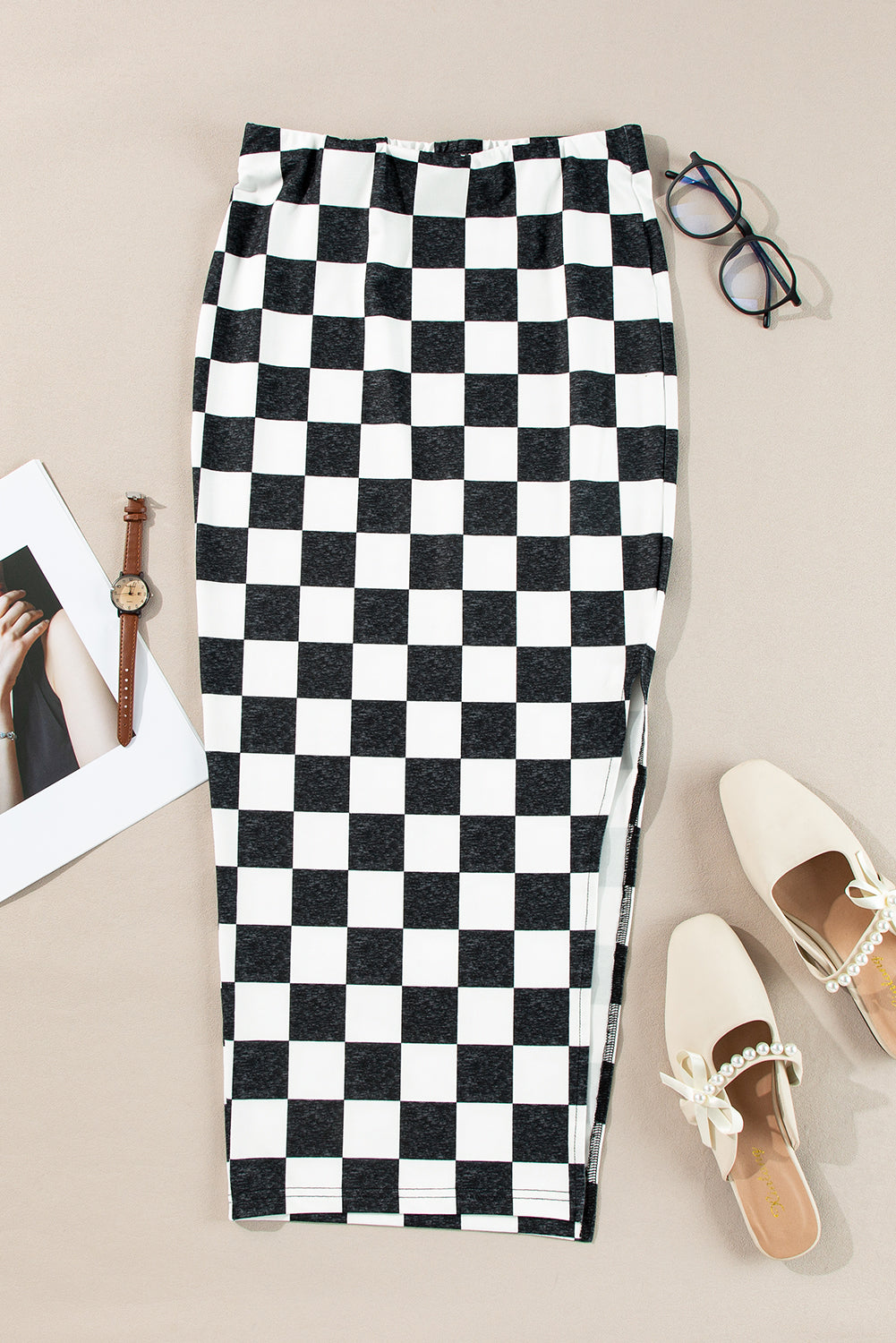 Byzantium Bay checker side slit high waist midi skirt, black and white pattern, flowing fabric, stylish women&