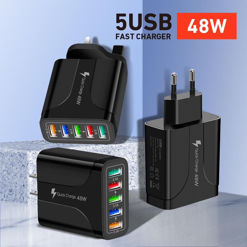 Fuchsia Electra 2-pack 5-port wall charger for charging 5 devices simultaneously, suitable for mobile phones and laptops.