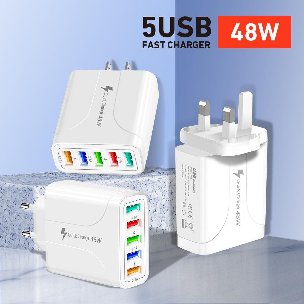 Fuchsia Electra 2-pack 5-port wall charger for mobile and laptop devices, charging up to 5 devices simultaneously.