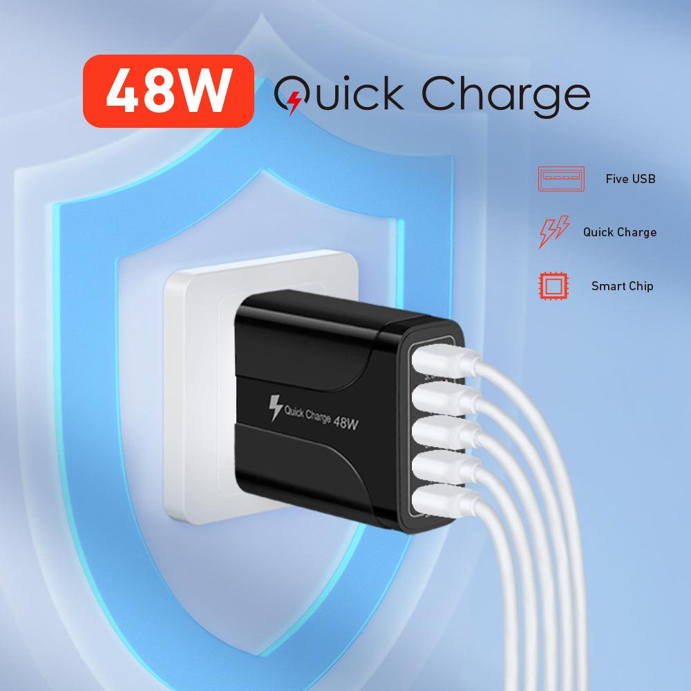 Fuchsia Electra 2-pack 5-port wall charger for mobile and laptop devices, with multiple USB ports for charging five devices simultaneously.