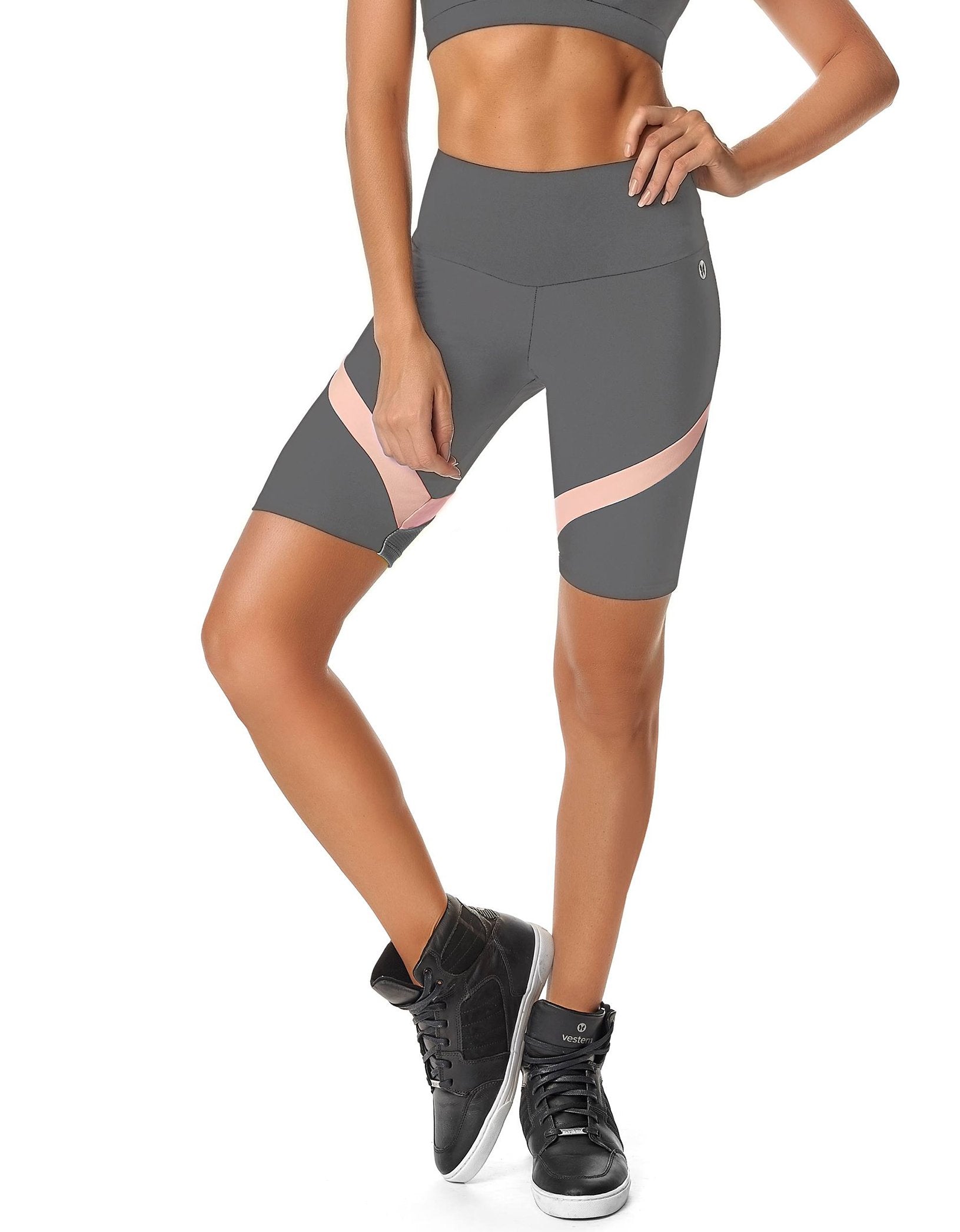 Grey Calle Ocho women’s biker shorts by Red Medusa, activewear with a snug fit and comfortable elastic waistband.
