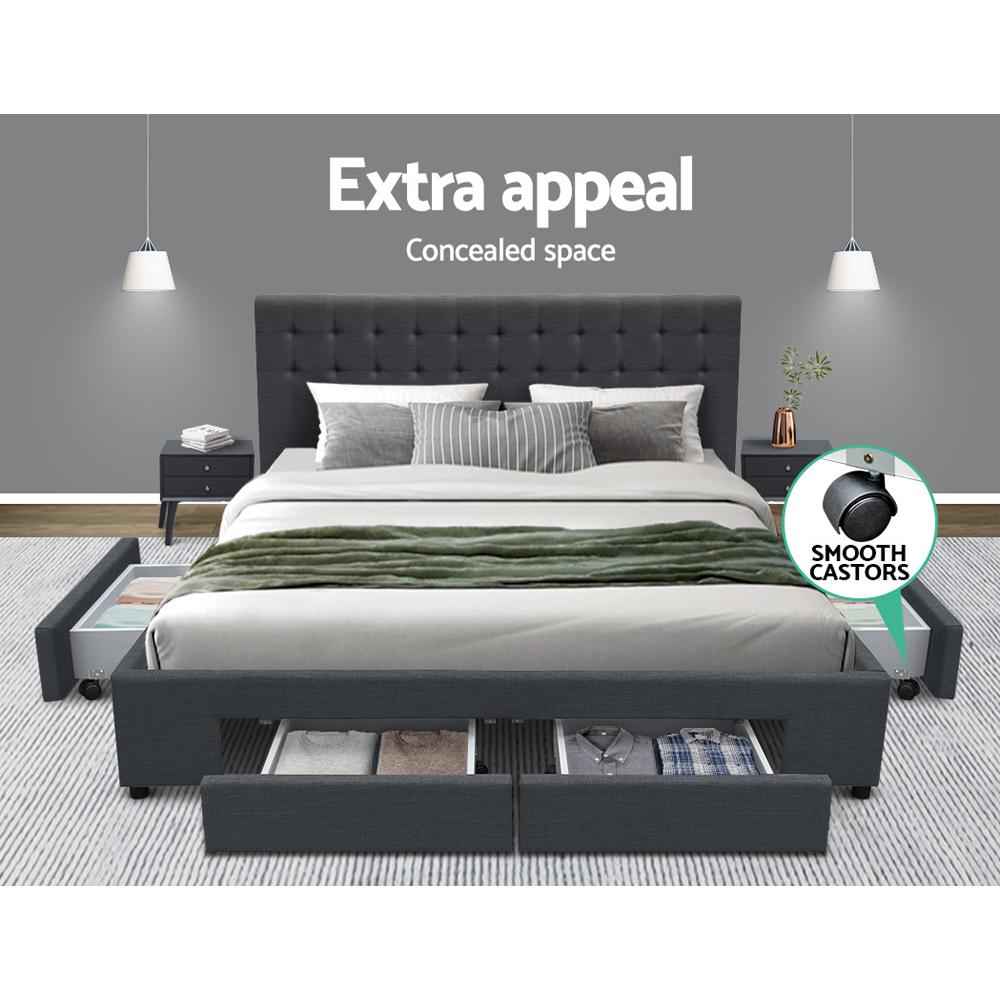 Charcoal Artiss King Size bed frame with four drawers by Ozdingo, featuring a modern design and storage space in a home bedroom setting.