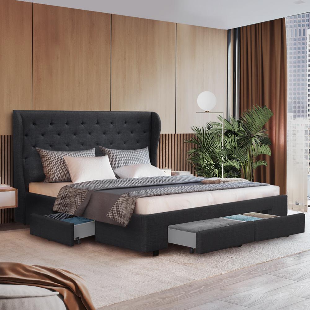 Artiss Bed Frame King Size with 4 Drawers Charcoal MILA