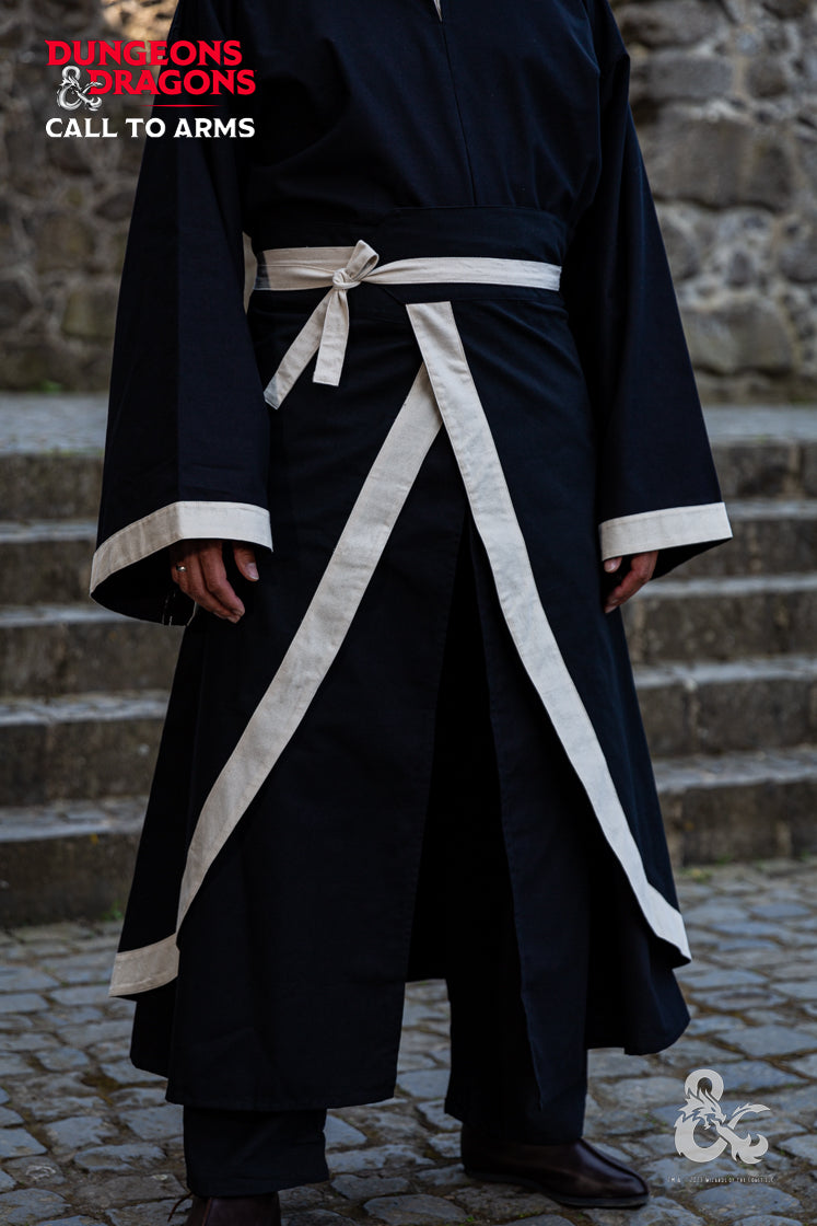 Black and natural Dungeons & Dragons wizard battle skirt by Azure Briseis, featuring a fantasy-themed design perfect for festivals and parties.