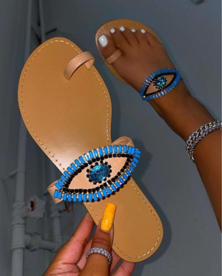 Female Coffee Jasper rhinestone eyes slides with round toe flat slippers, stylish and comfortable footwear for casual wear.