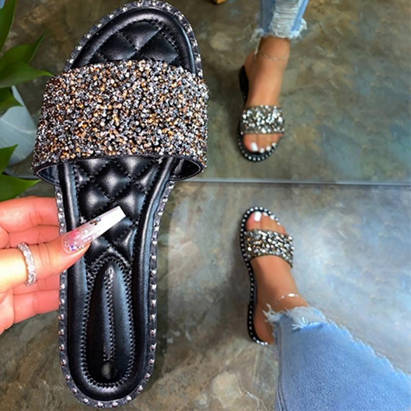 Crystal women’s bling bling flats by Coffee Jasper, summer beach slippers with sparkling embellishments and comfortable flat design.