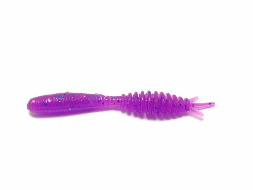 Aquamarine Misty Maggot Floating 2-inch fishing bait, close-up view of soft plastic maggot lure for fishing applications.