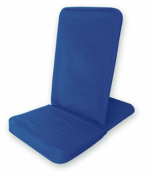 Royal blue OMSutra folding meditation chair by Alabaster, portable and comfortable for outdoor and indoor meditation sessions.