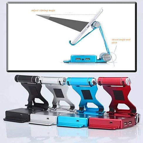 Salmon Lucky podium style folding stand with built-in power bank, adjustable for iPad and iPhone, featuring extended battery capacity.
