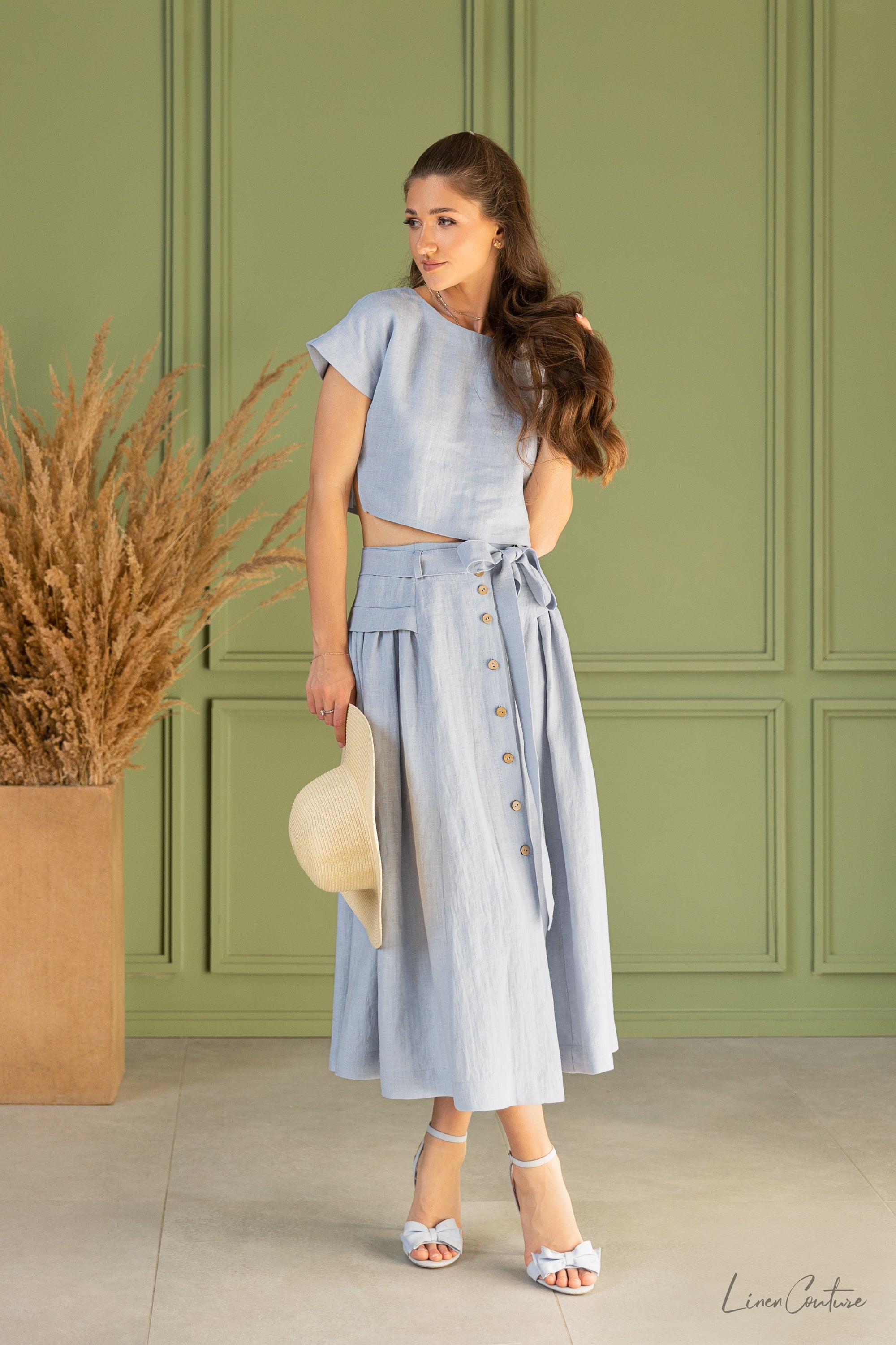 Magenta Sugarplum Taormina linen crop top and flared midi skirt matching set, in light, breathable fabric, styled together.