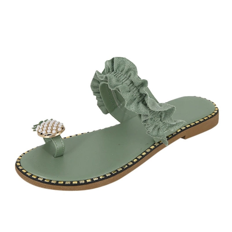 Coffee Jasper pineapple pearl beach slides for women, flat toe casual sandals with decorative pearls and vibrant pineapple design.