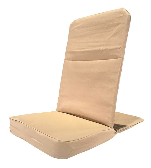 Alabaster OMSutra folding meditation chair in sand color, portable and comfortable for outdoor meditation sessions.