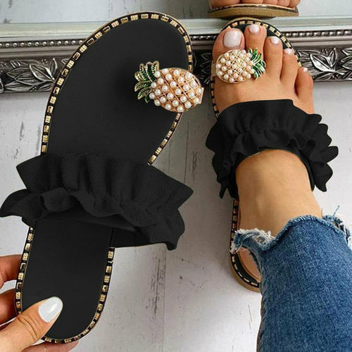 Silver Juneberry pineapple pearl beach slides for women, flat toe casual sandals with tropical pineapple and pearl embellishments.