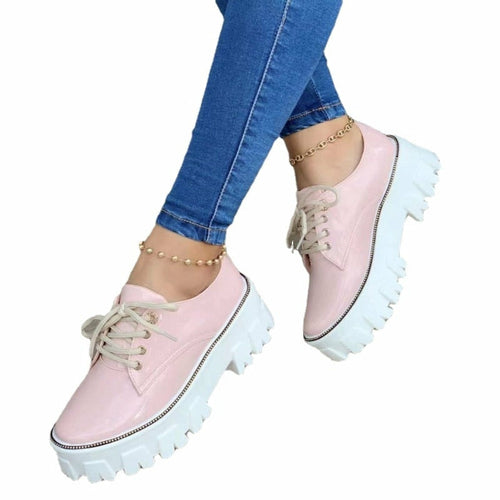 Black, red, and pink thick heel flat platform Oxford shoes for women by Coffee Jasper, featuring a stylish sneaker-inspired design.
