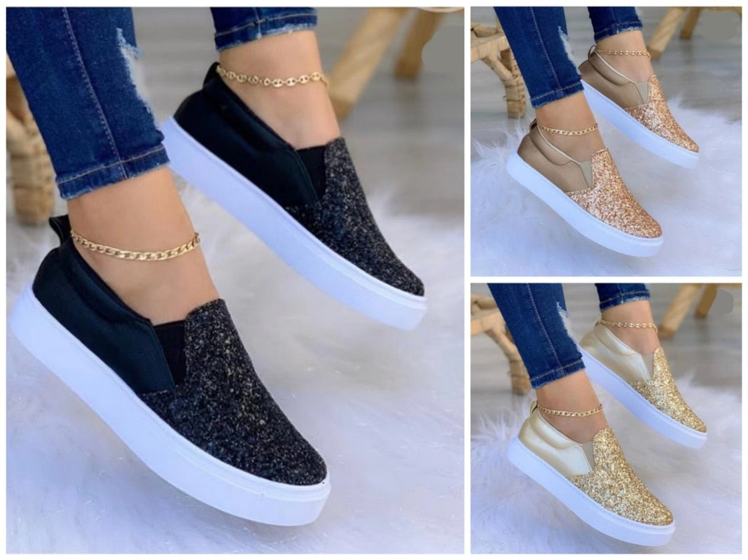 Coffee Jasper glitter flat moccasins for women in black and rose gold, stylish loafers with a shimmering finish.