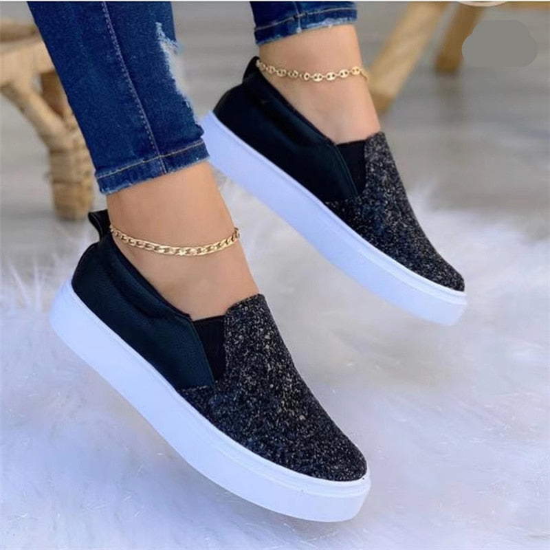 Black and rose gold glitter Coffee Jasper moccasin flats for women, stylish loafers with a comfortable flat sole.